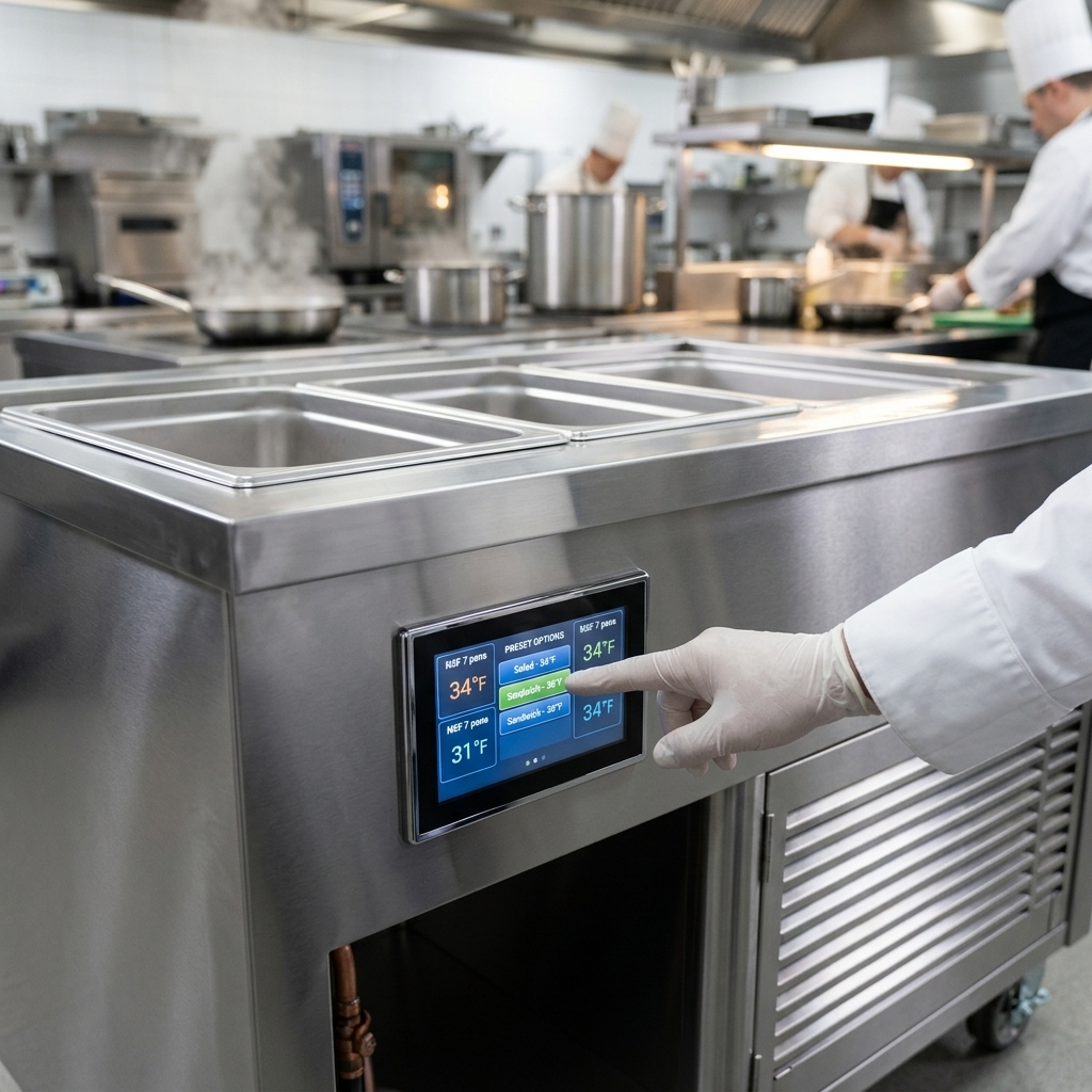 Effortlessly manage precise temperatures with the Thurmaduke cold food well's intuitive touchscreen control.