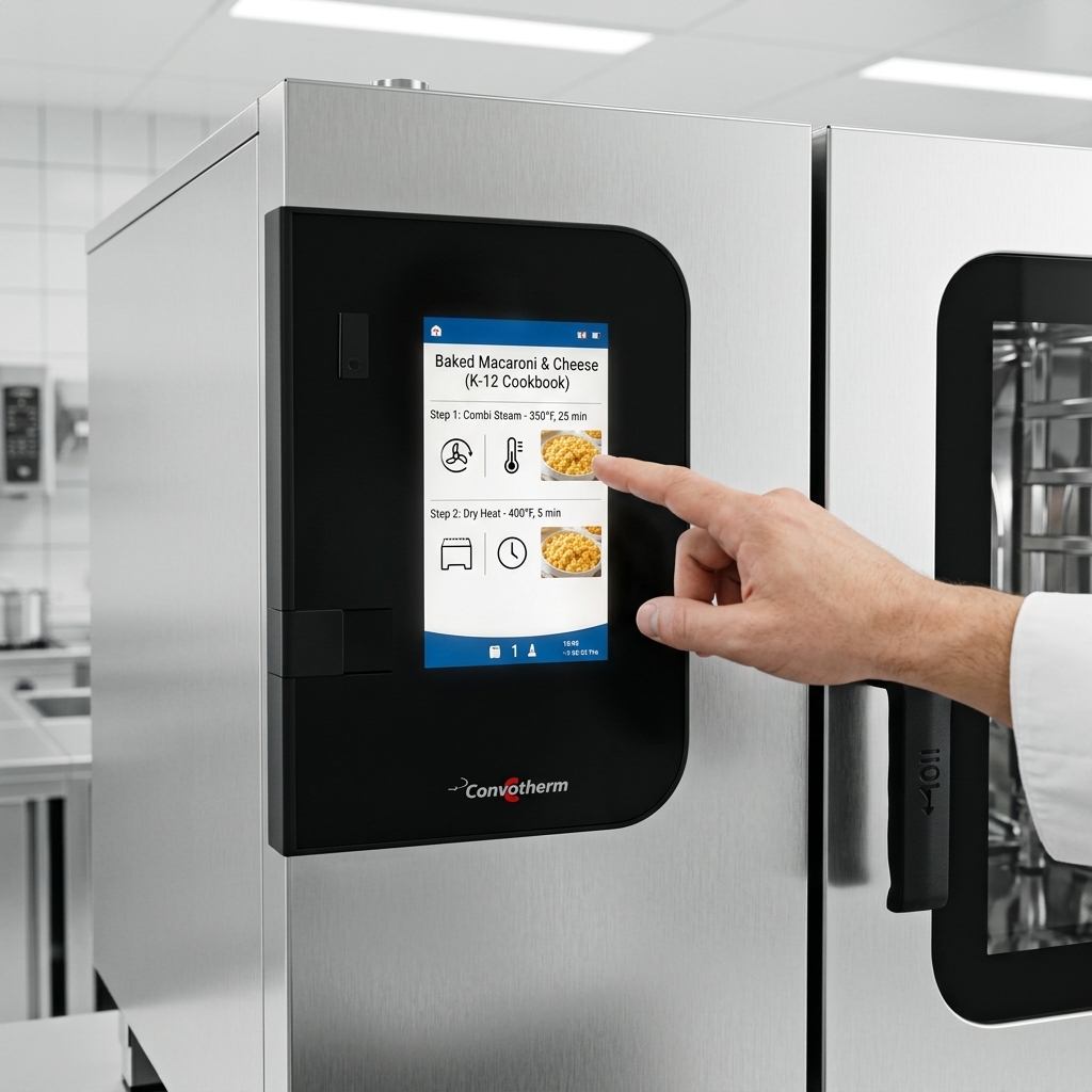 See how the integrated K-12 specific cookbook on the easyTouch display streamlines meal preparation with preloaded recipes for consistent results.