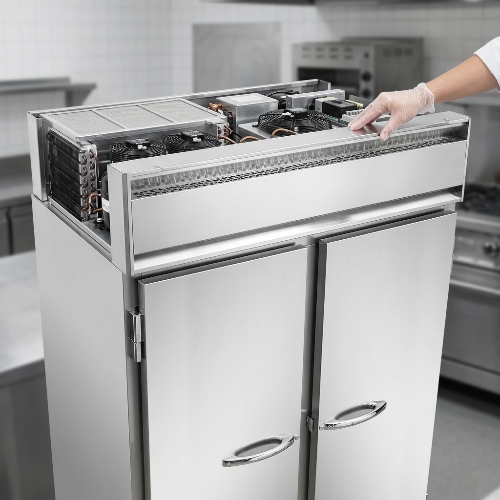 Witness the innovative, top-mounted refrigeration system, designed for easy access and optimal performance, on this two-section pass-thru freezer.