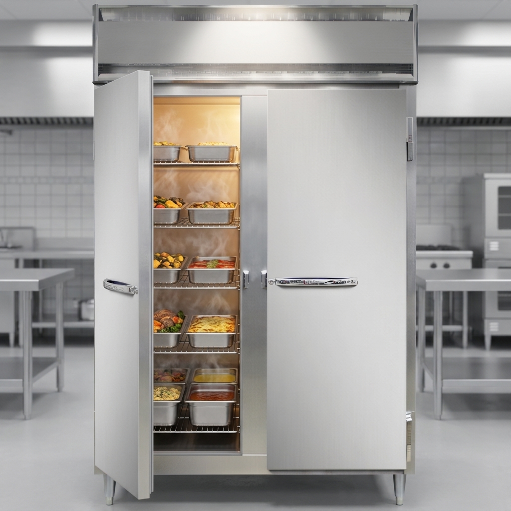 Observe the heated holding cabinet's performance-rated heating system, ensuring consistent warmth and even distribution across all your stored food.