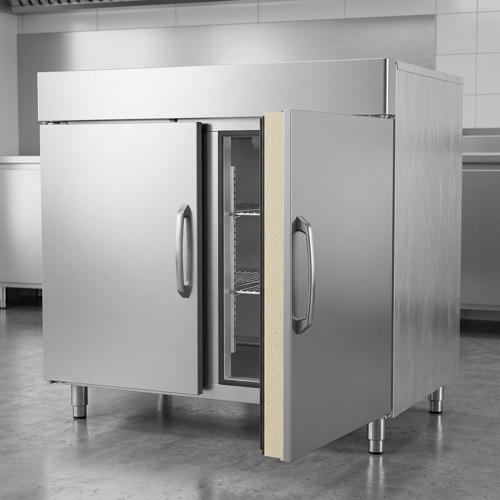 This image showcases the Continental Refrigerator's robust cabinet construction, featuring a durable stainless steel front, aluminum end panels, and thick thermal insulation.