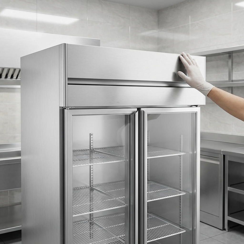 Experience the convenience of a readily accessible, self-contained refrigeration system located on top of the cabinet, distinct from the food storage area.