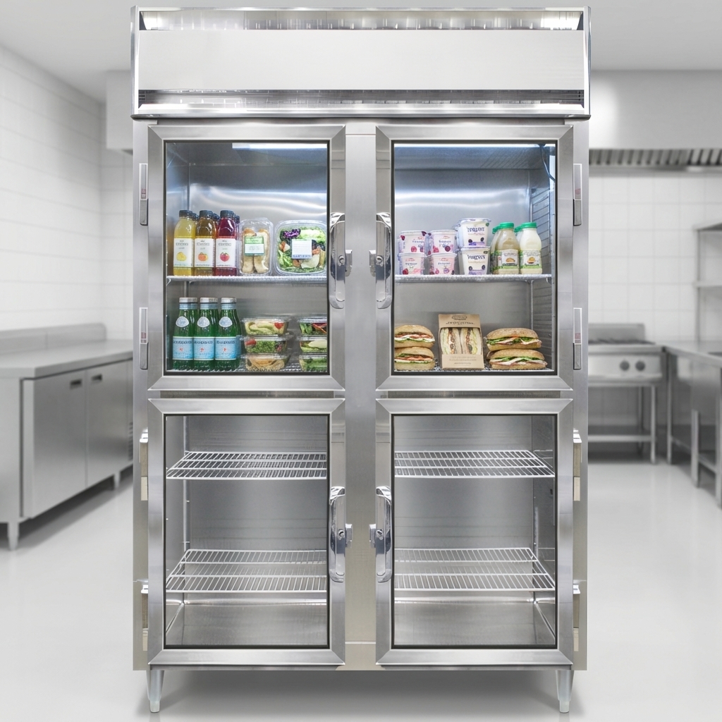 This two-section display freezer utilizes an environmentally safe, high-efficiency R-290 natural refrigerant for superior performance.