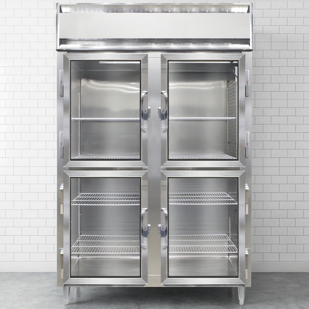 This image highlights the display freezer's efficient automatic hot gas condensate evaporator, ensuring a clean and drain-free operational area.