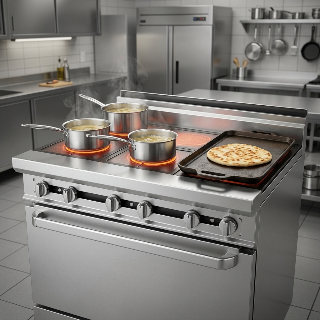 Experience consistent and even heat distribution from the three powerful rear hot tops, ideal for simmering and versatile griddle-style cooking.