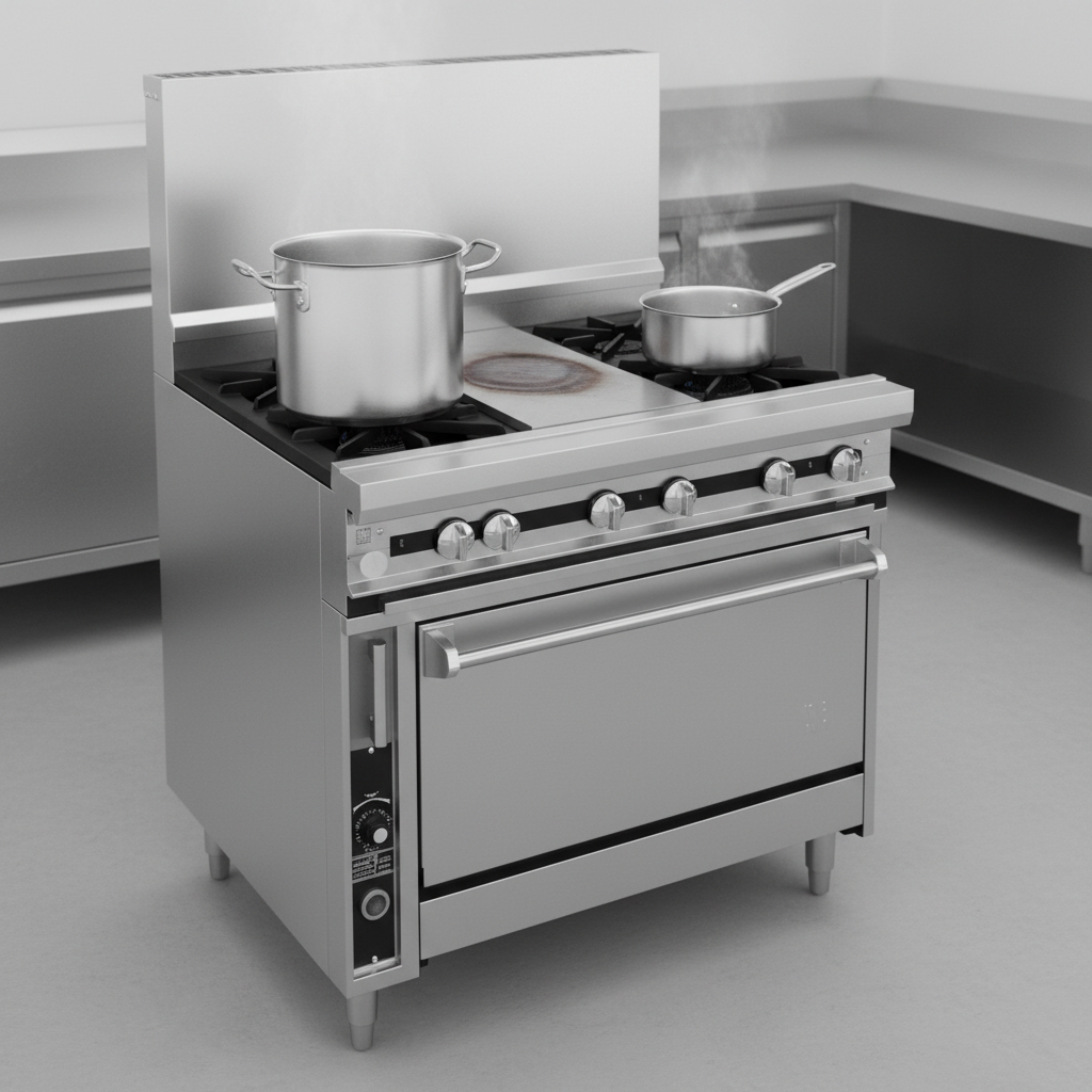 Showcasing flexible cooking options, this image highlights the range's versatile split top, accommodating various pot and pan sizes.