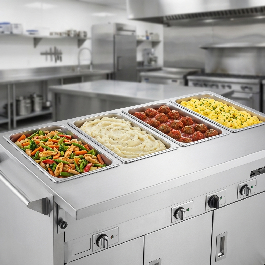 This professional shot highlights the four 12" x 20" sealed hot wells, expertly maintaining diverse hot dishes without water.