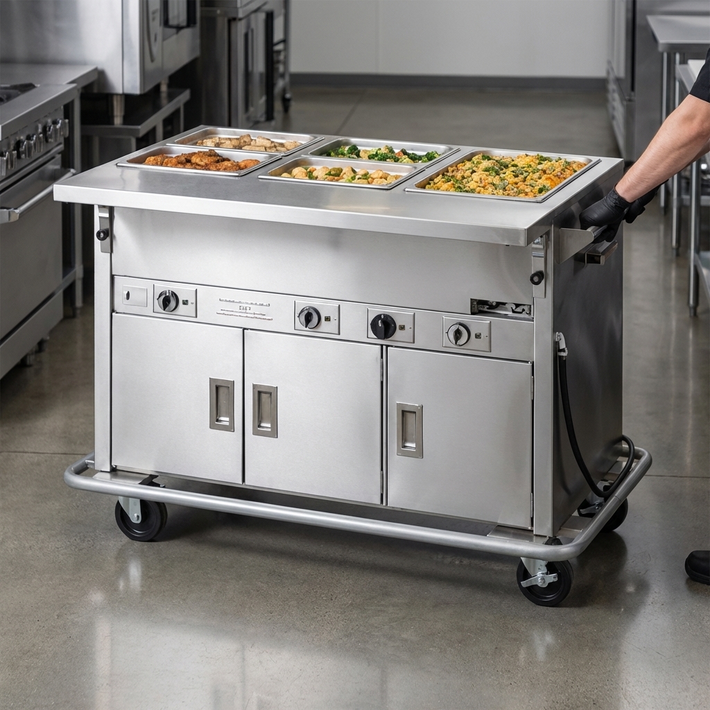Effortlessly transport hot meals with this mobile electric hot food counter, designed for easy movement throughout any facility.