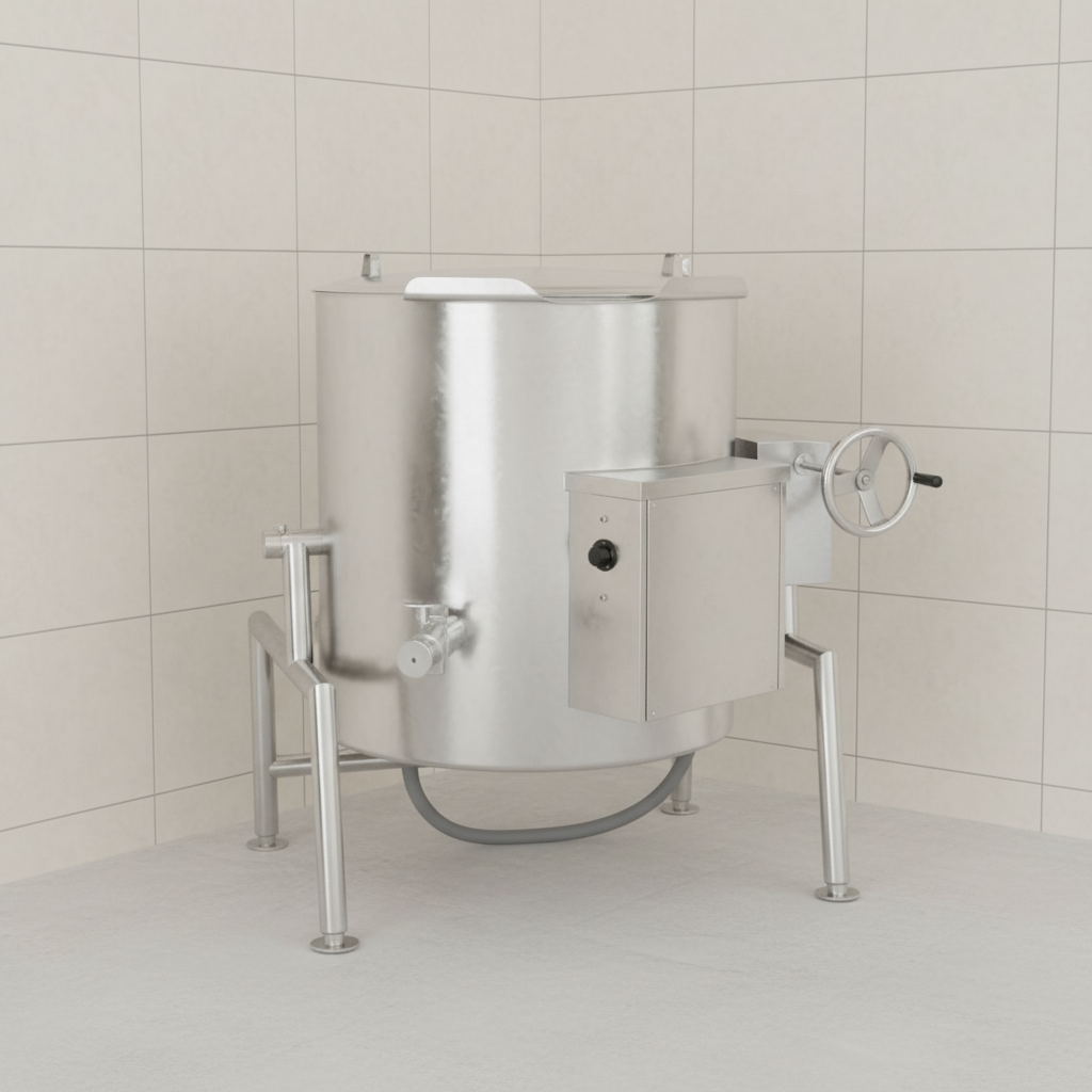 The 60-gallon tilting electric steam kettle features self-contained heating, simplifying installation with no external steam source required.