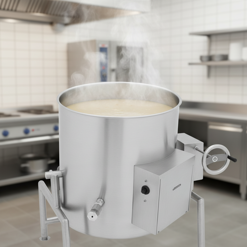 Experience consistent cooking with the 60-gallon tilting electric steam kettle, featuring a full kettle jacket for even heat distribution.