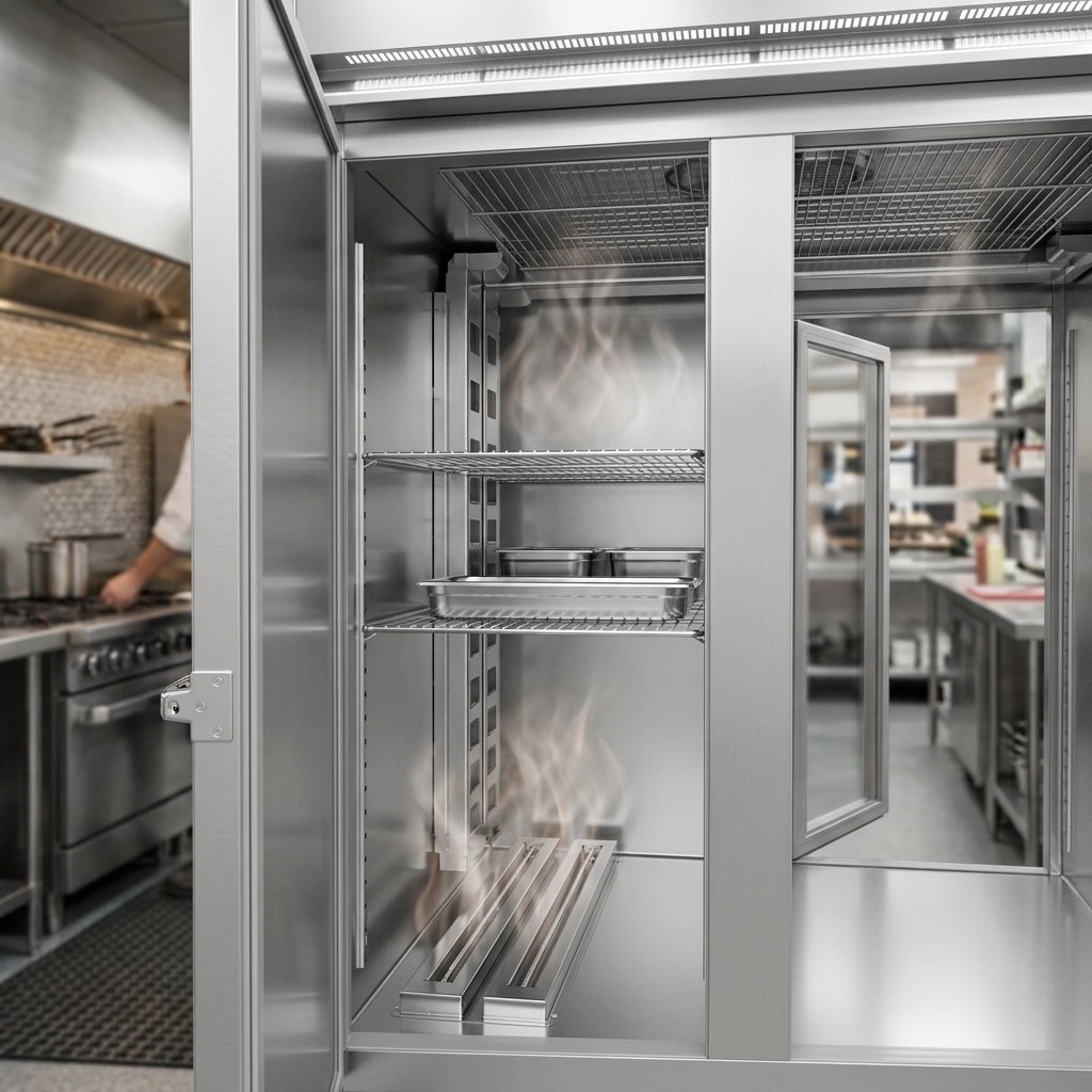 A detailed interior view reveals the pass-thru heated holding cabinet's performance-rated heating system, ensuring perfectly even heat distribution.