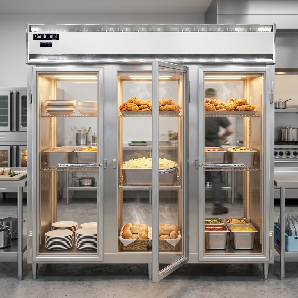 This image demonstrates the heated holding cabinet's ability to maintain a precise temperature range, keeping a variety of foods warm and ready for service.
