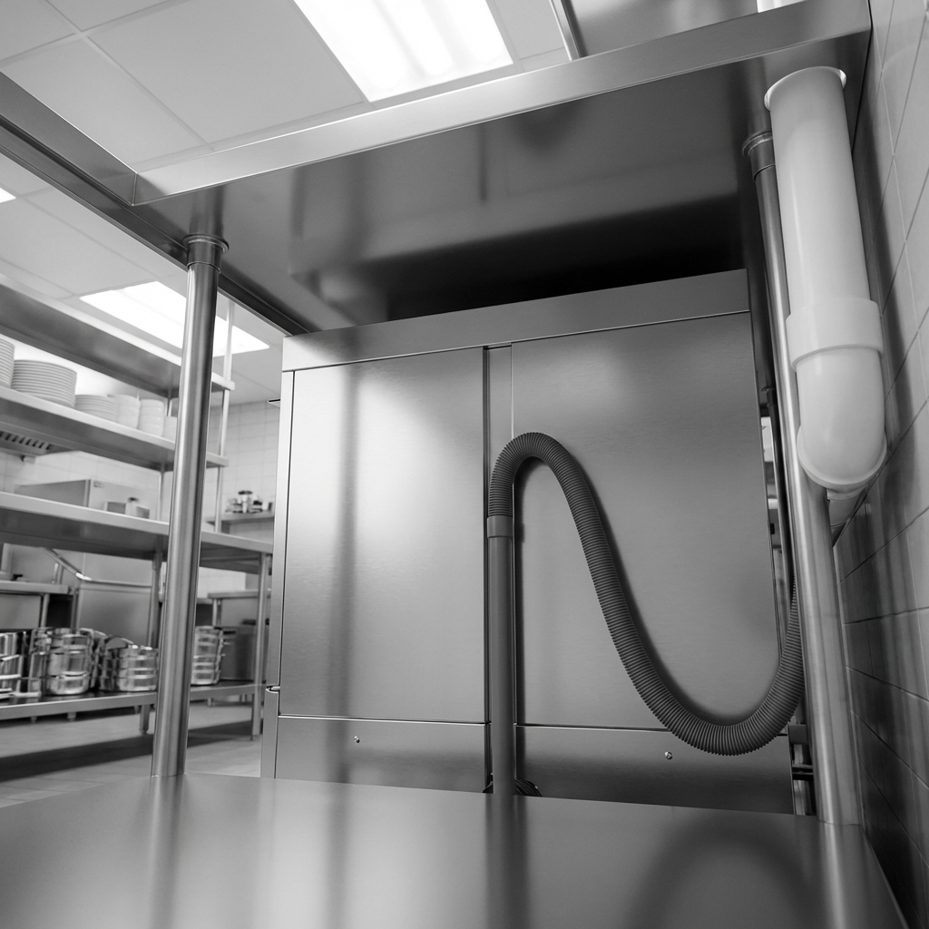 This image demonstrates the dishwasher's powerful pumped drain system, allowing for flexible installation with elevated drainage into a standpipe.