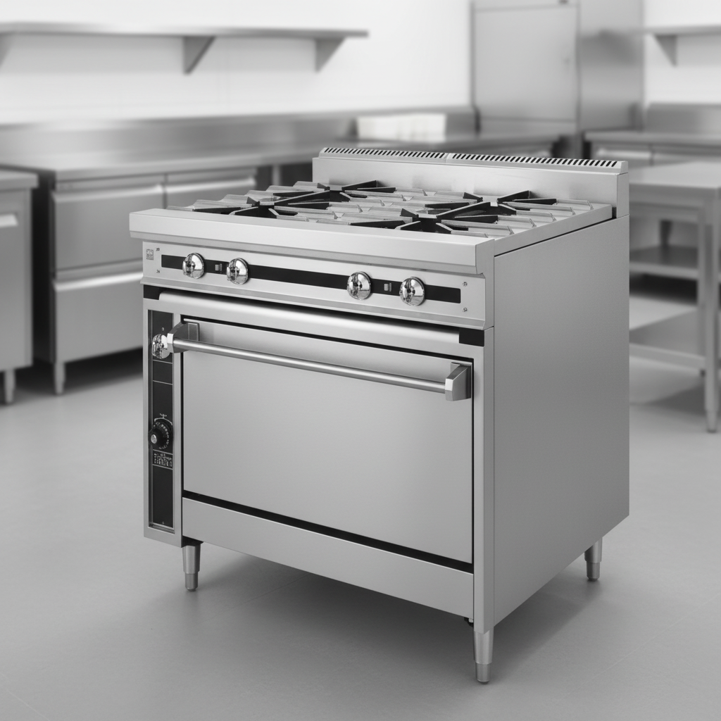 This image highlights the gas range's exceptional durability, featuring its heavy-duty, all-welded 14-gauge stainless steel construction built for demanding kitchen environments.