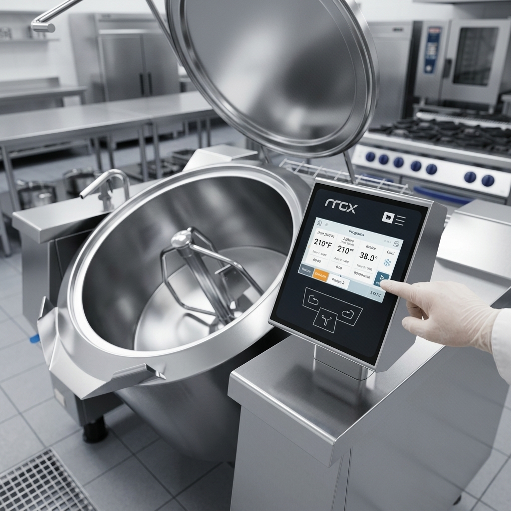 Experience precise cooking control with the intuitive 7-inch touch screen interface on this powerful tilting skillet.