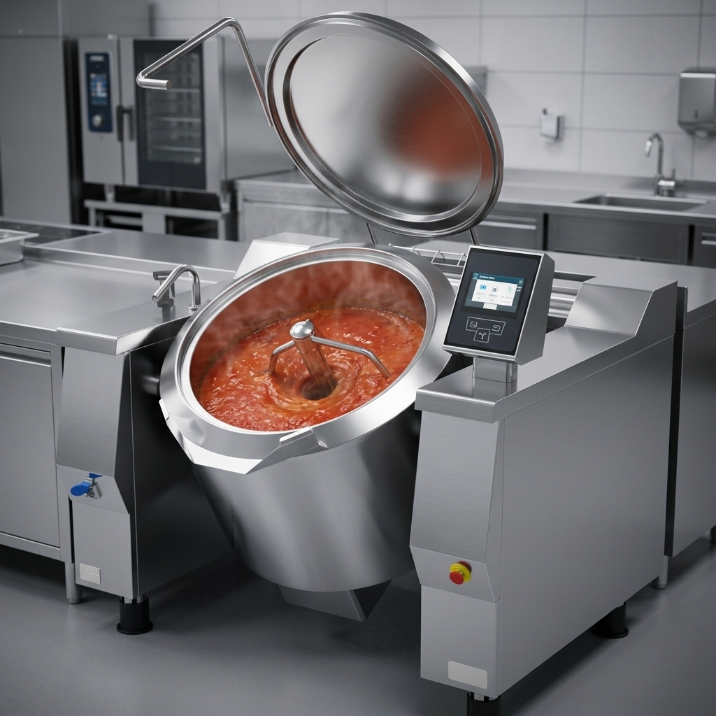 Experience consistent cooking for large batches with the integrated automatic mixer, ensuring perfect product integrity every time.