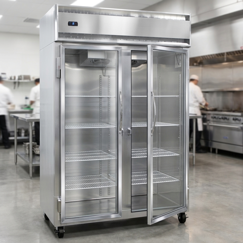 This image highlights the freezer's robust stainless steel front and aluminum exterior, demonstrating its durable construction built for long-lasting commercial use.
