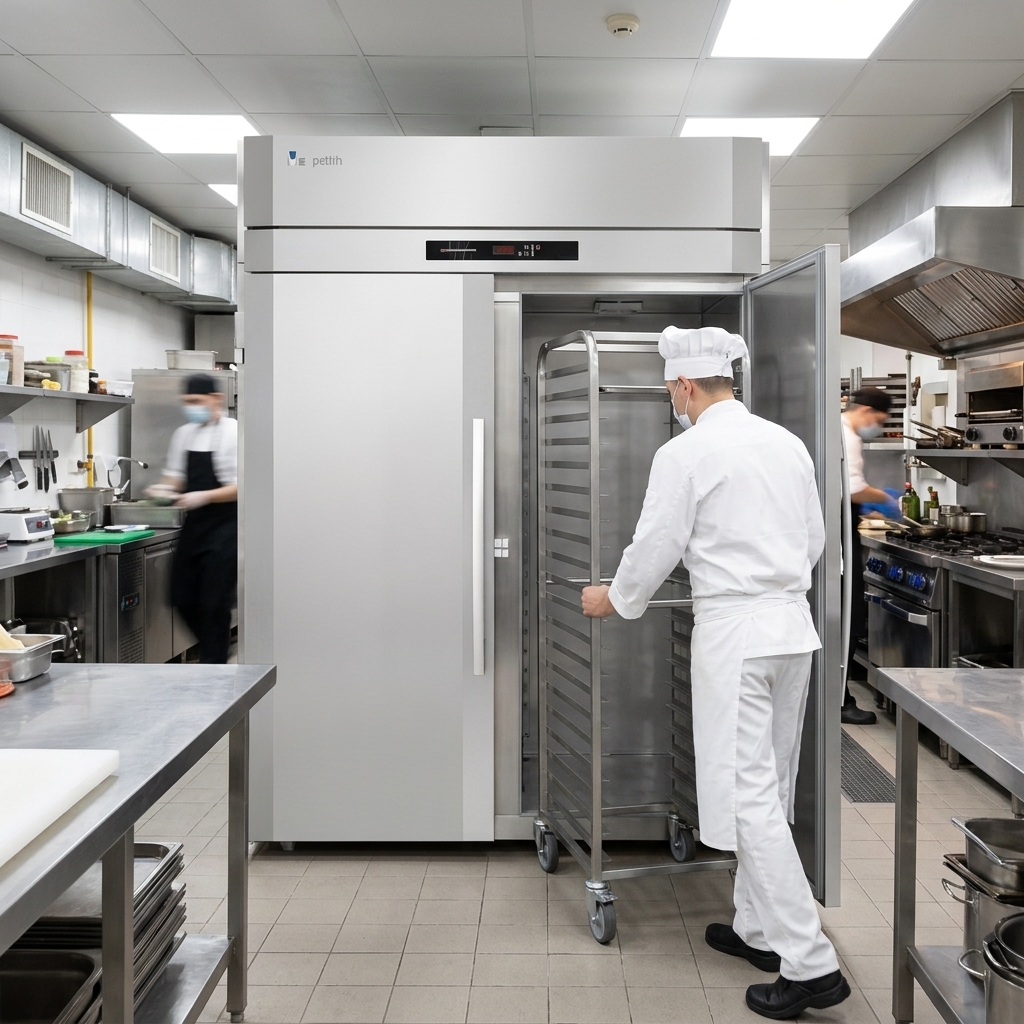 This heated holding cabinet features a convenient roll-thru design for seamless kitchen operations and efficient food transfer.