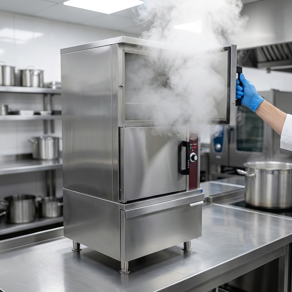 Witness the powerful and consistent steam output of our direct steam convection steamer, ensuring efficient cooking for all your culinary demands.