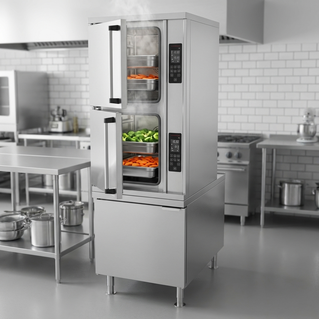 This image highlights the steamer's efficient dual compartment design, enabling simultaneous and versatile cooking of different dishes with independent controls.