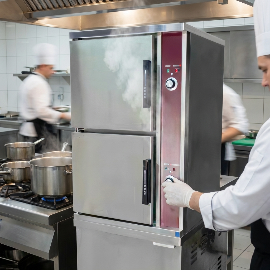 Achieve optimal cooking results with the steamer's precise thermostatic controls, ensuring perfect temperature management for each compartment.