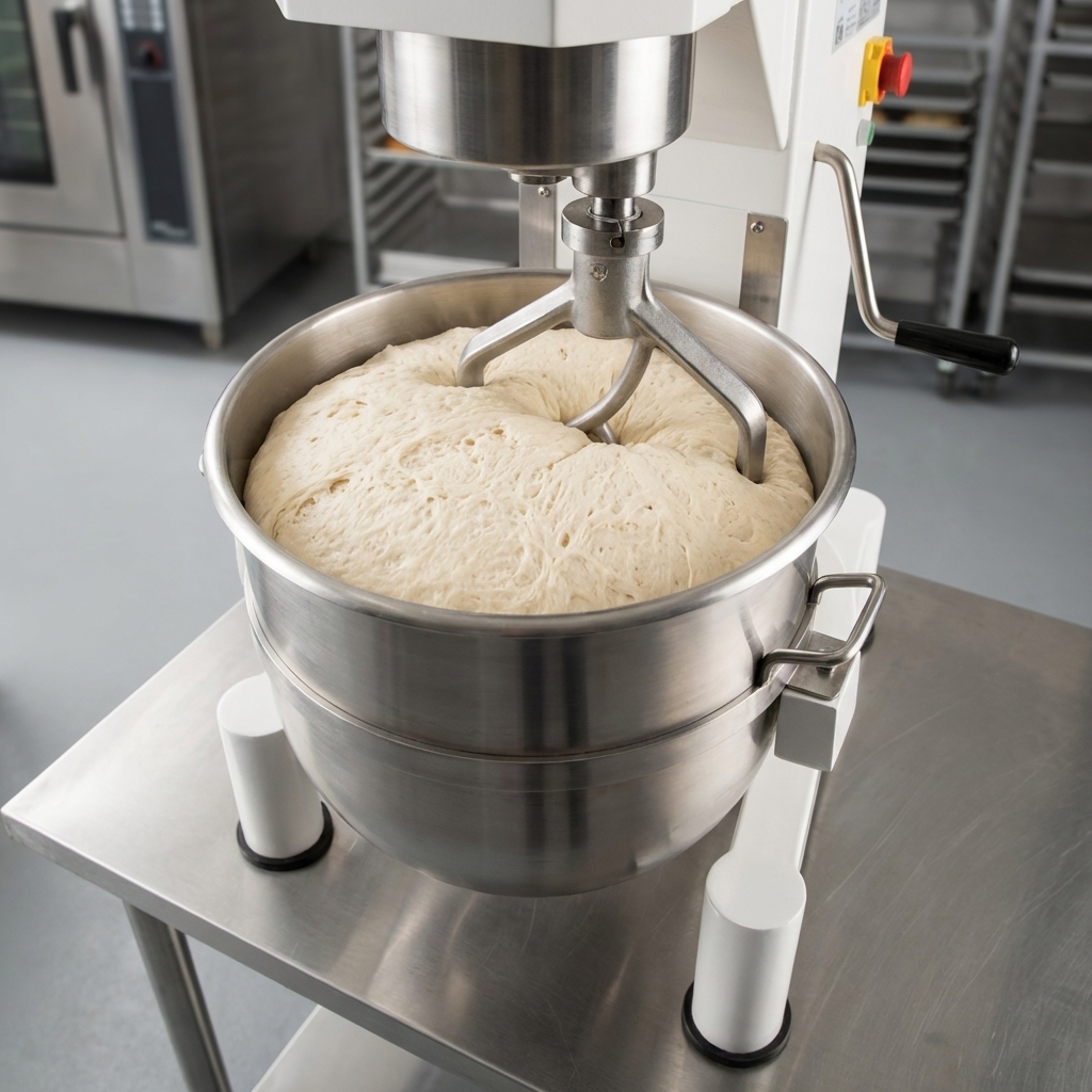 This image showcases the immense 40-quart capacity of the planetary mixer, perfect for handling large batches of dough in a bustling kitchen.