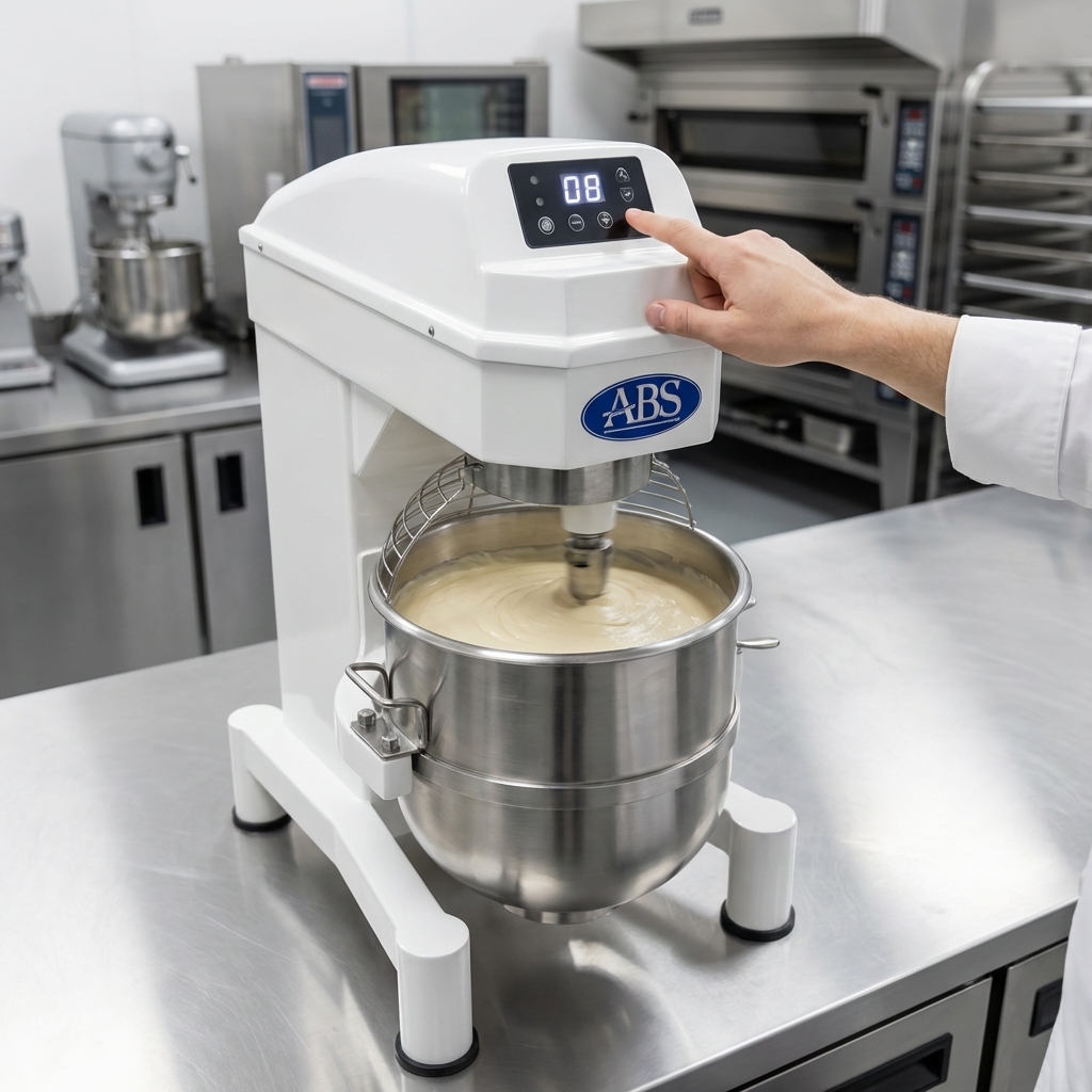 This image showcases a 40-quart heavy-duty planetary mixer, highlighting its precise digital controls and multiple speed settings for optimal mixing results.