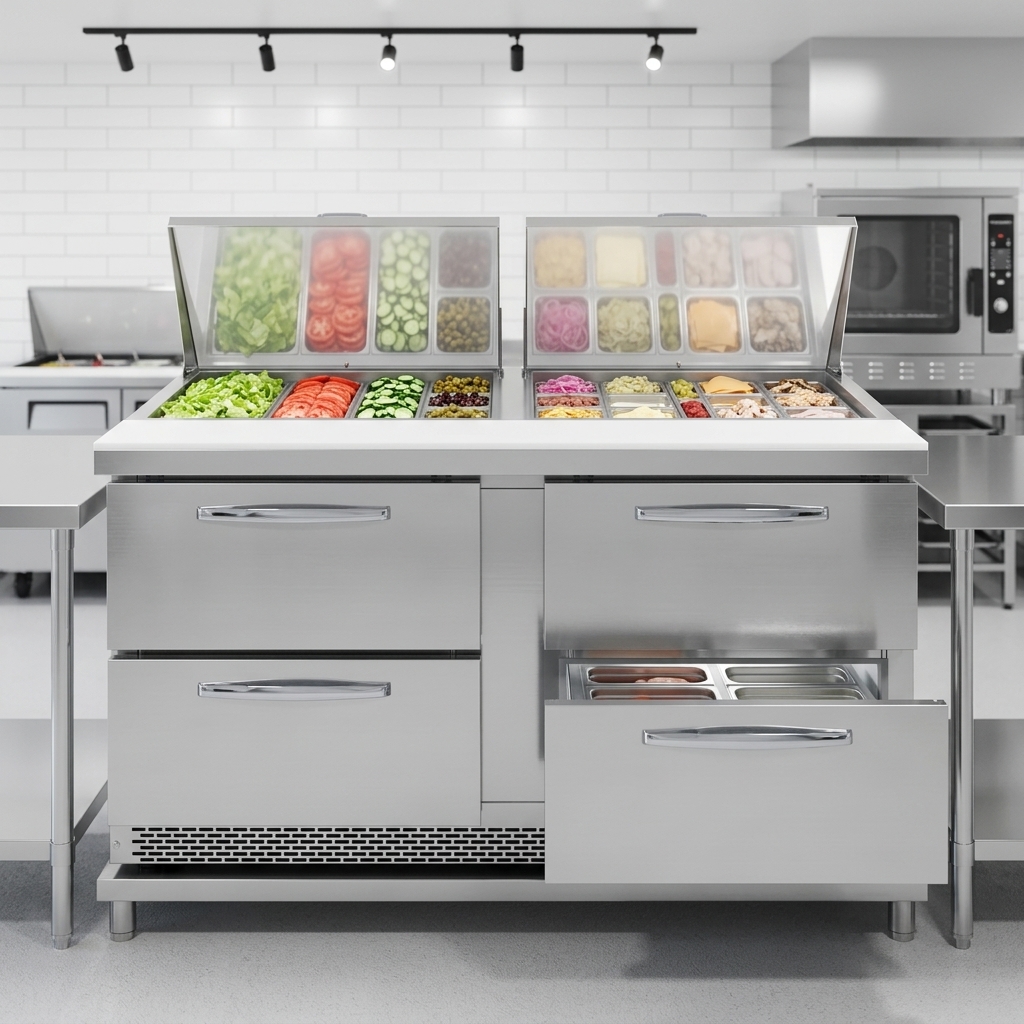 This advanced sandwich prep unit maintains optimal freshness with its high-efficiency design, perfect for any modern kitchen.