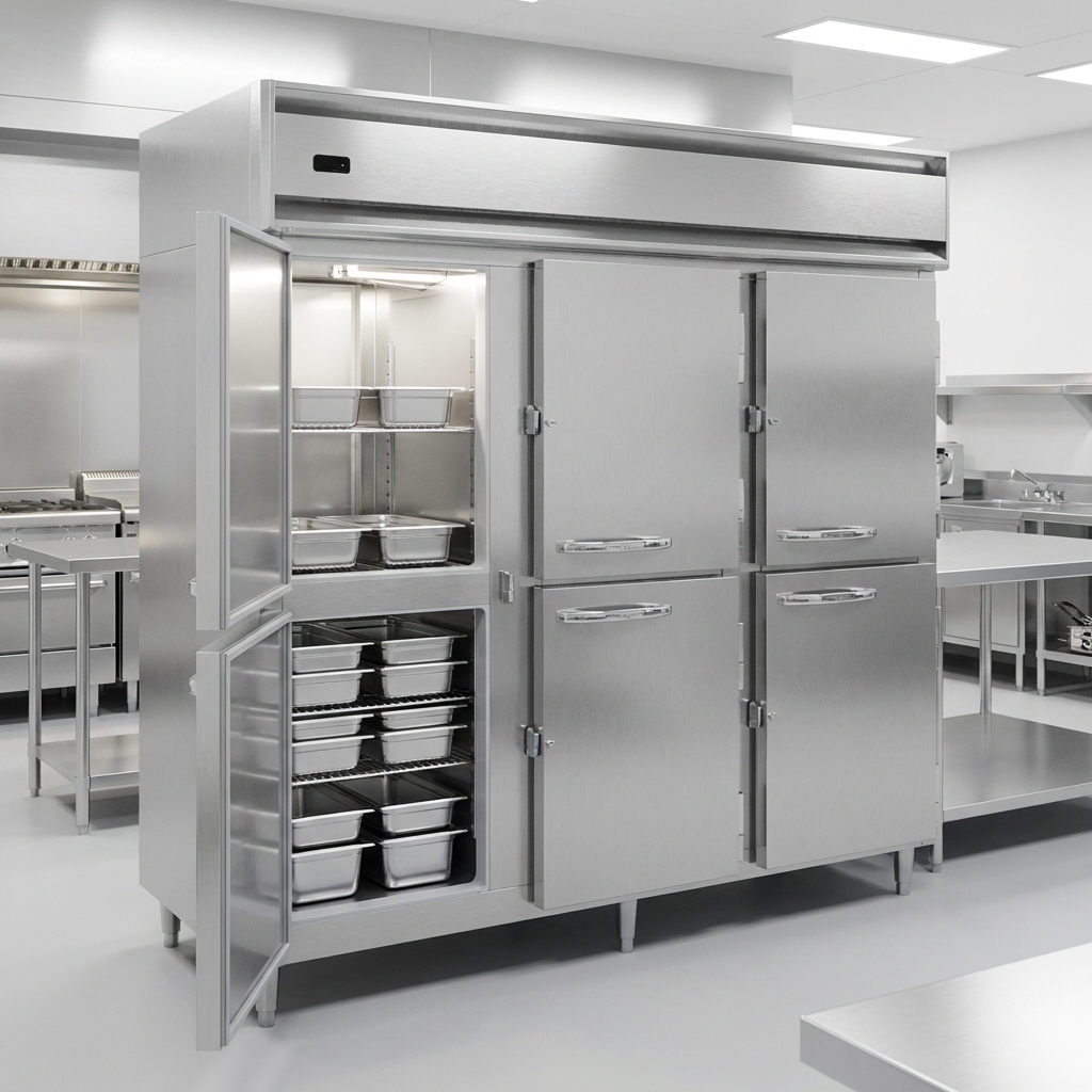 This image highlights the cabinet's expansive three-section design, providing organized and high-capacity storage for your commercial kitchen.