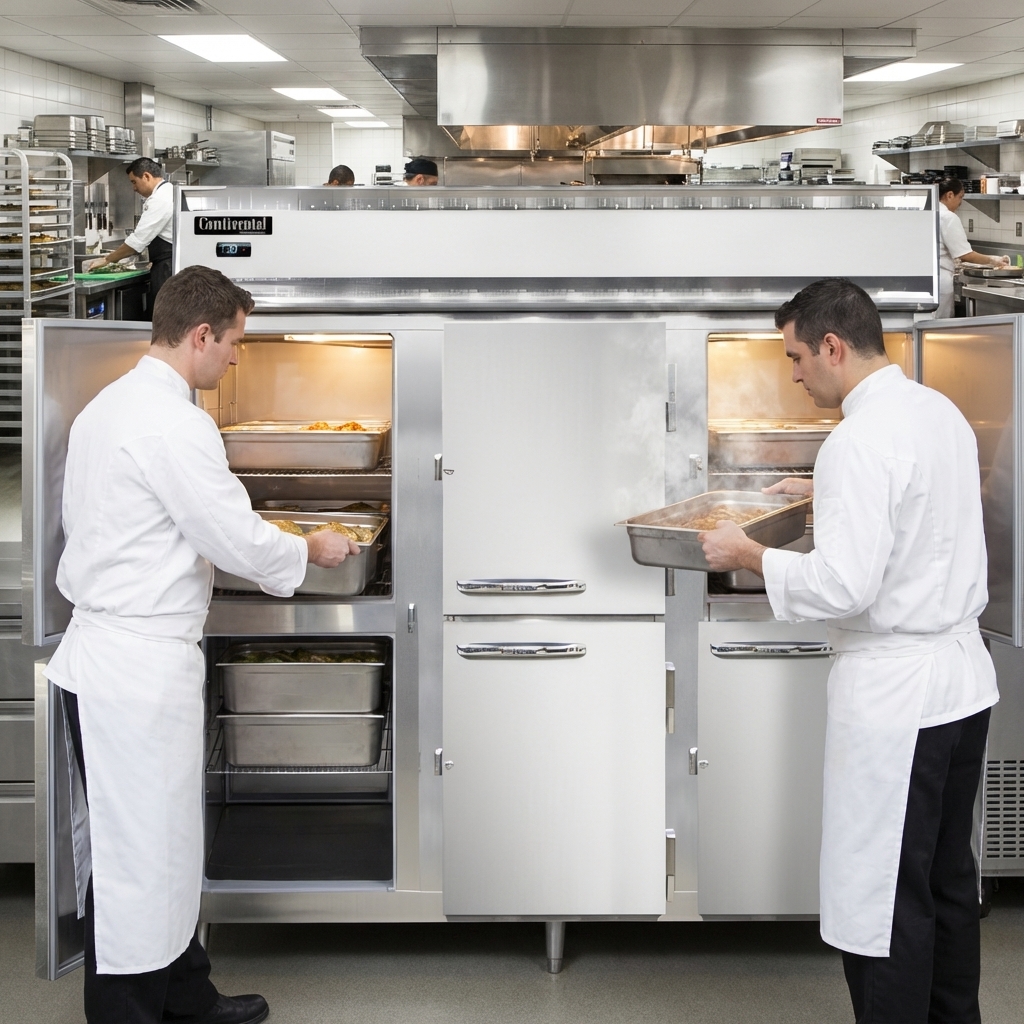 This extra-wide pass-thru heated holding cabinet streamlines kitchen operations by allowing efficient loading and unloading from both sides.