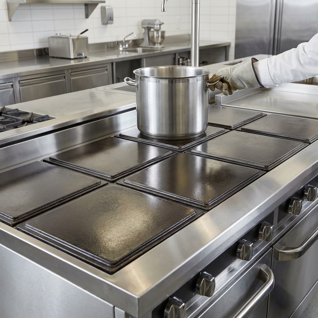 Showcasing exceptional durability and heat retention, this image highlights the range's highly polished, reinforced cast iron plates for heavy-duty commercial use.