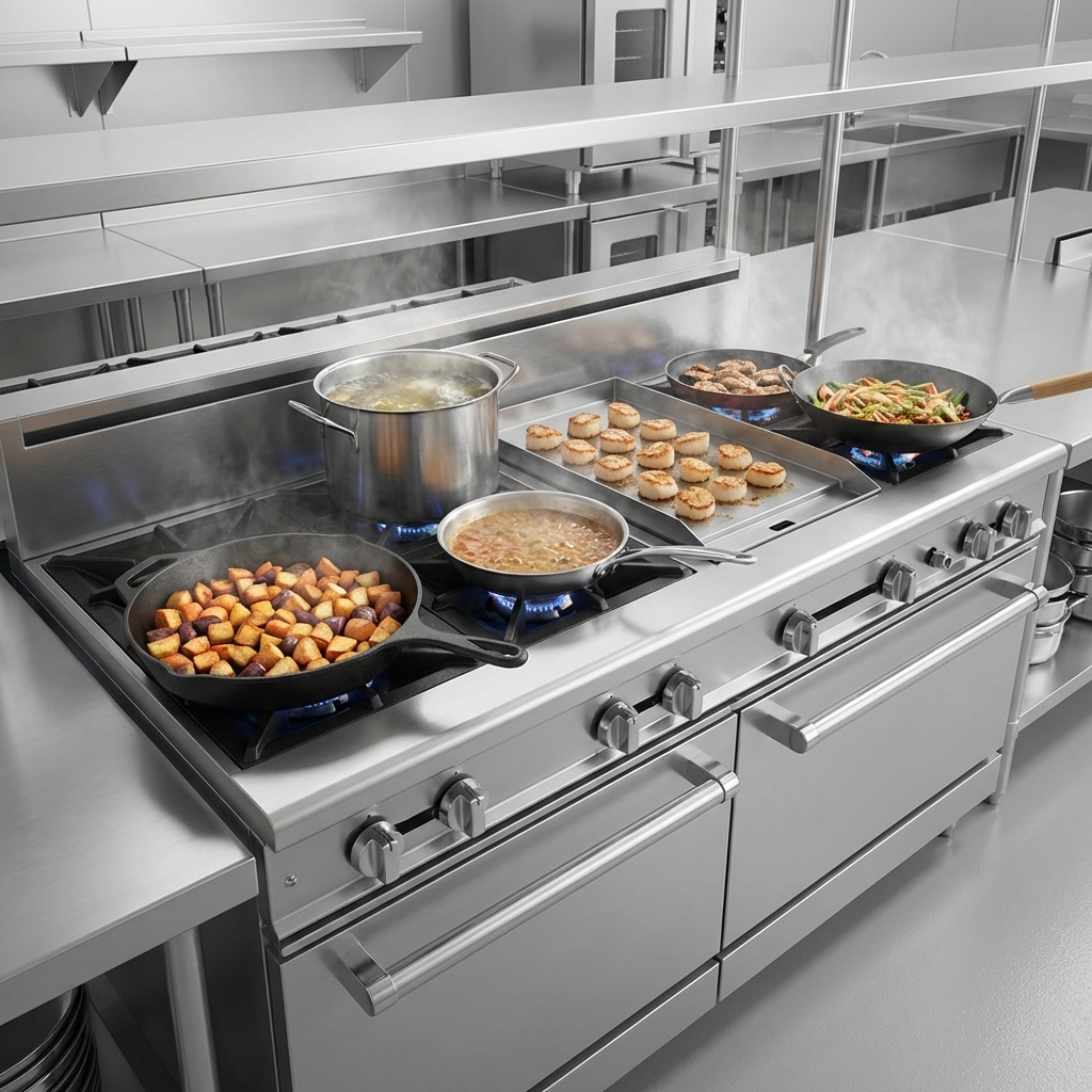 Witness the even and powerful 35,000 BTU/hr heating across all six hot top sections, ensuring uniform cooking results.