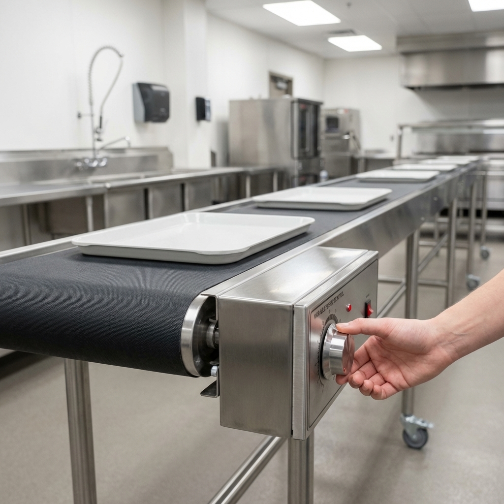 Precisely manage your tray assembly with the conveyor's intuitive variable speed control, ensuring optimal flow and efficiency.