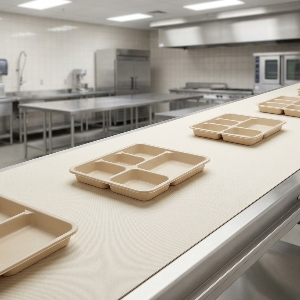 Experience the hygienic peace of mind offered by the Dinex tray make-up conveyor with its FDA-approved fabric belt, designed for safe food contact.