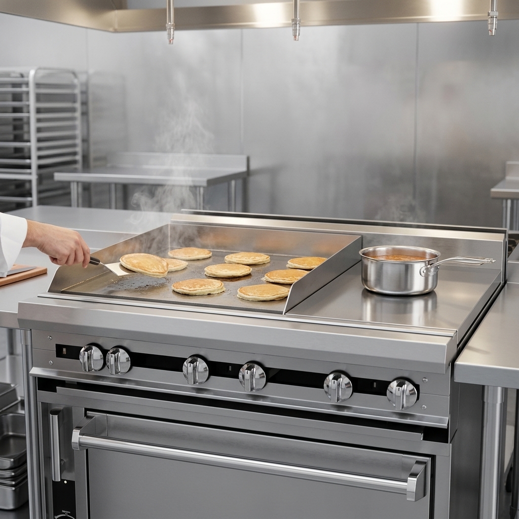 Experience diverse culinary capabilities with this gas range's versatile cooking top, featuring a 24-inch griddle and a 12-inch hot top for all your kitchen needs.