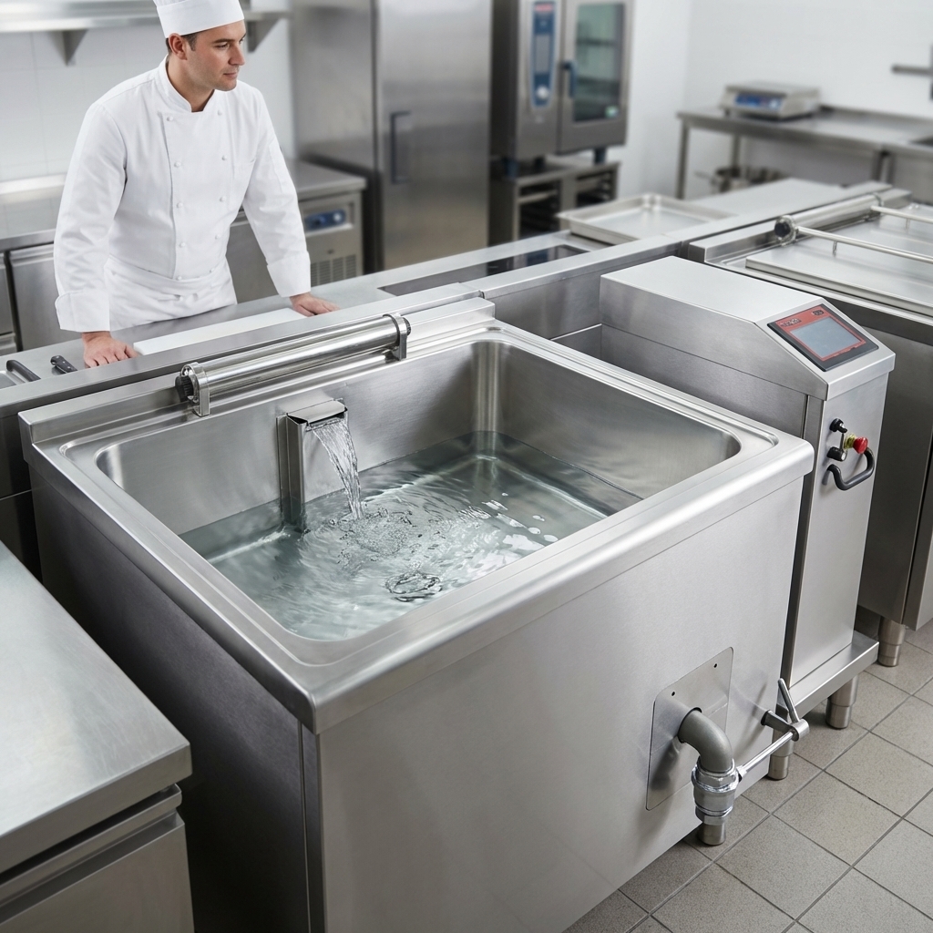 Observe the Firex multicooker's automatic water fill system precisely maintaining optimal water levels, ensuring effortless consistency in a busy kitchen.