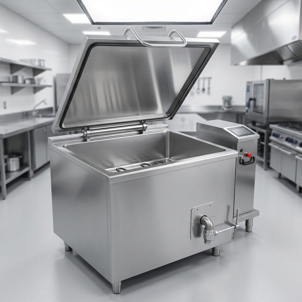 The spring-balanced hinged lid on this 64-gallon electric multicooker provides effortless and safe access to the basin.