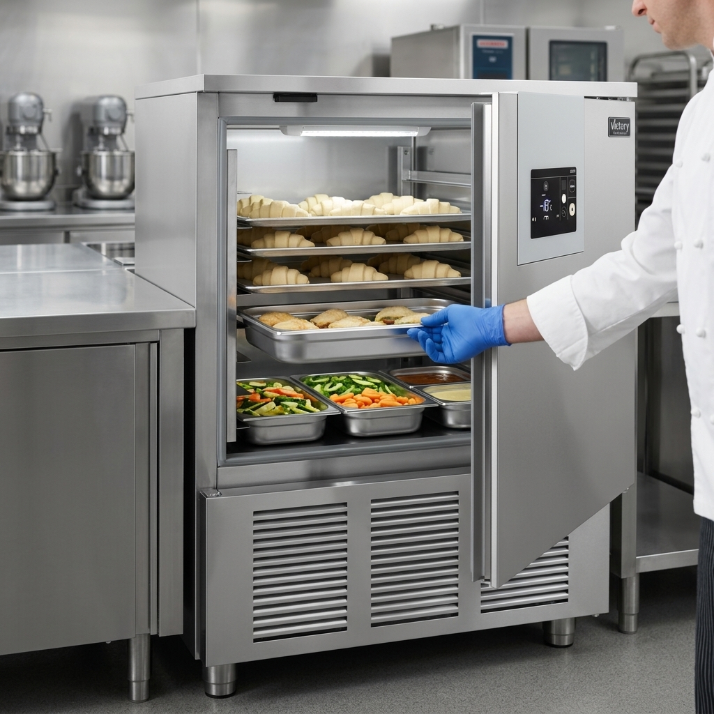 This blast chiller's versatile pan capacity effortlessly accommodates both full-size sheet pans and standard steam table pans.