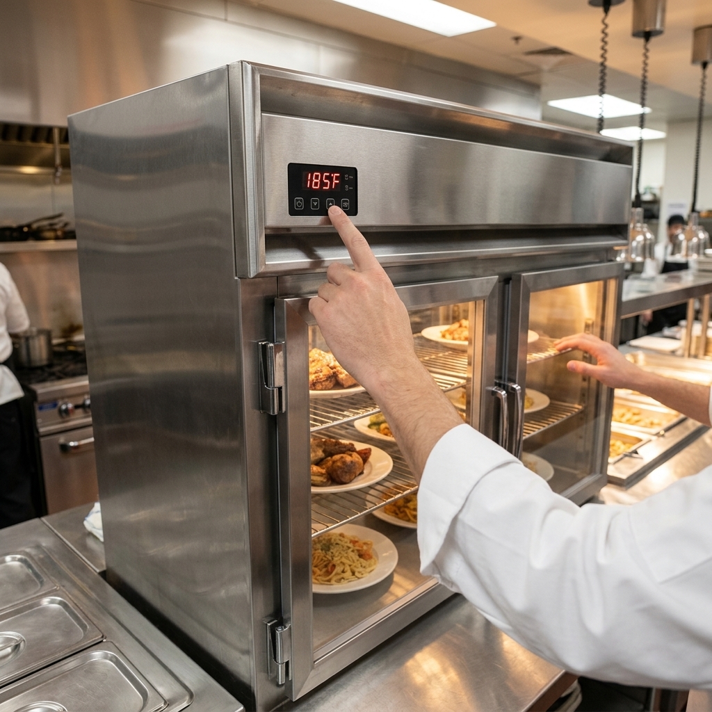 Experience precise temperature management with the cabinet's clear electronic control and digital display, ensuring optimal food holding conditions.