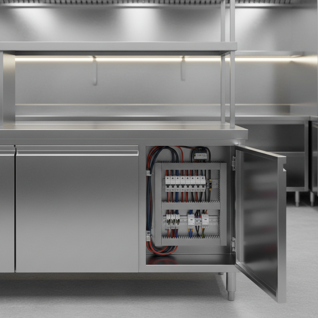 This modular chef service counter features a conveniently integrated, pre-wired breaker panel for centralized power distribution.