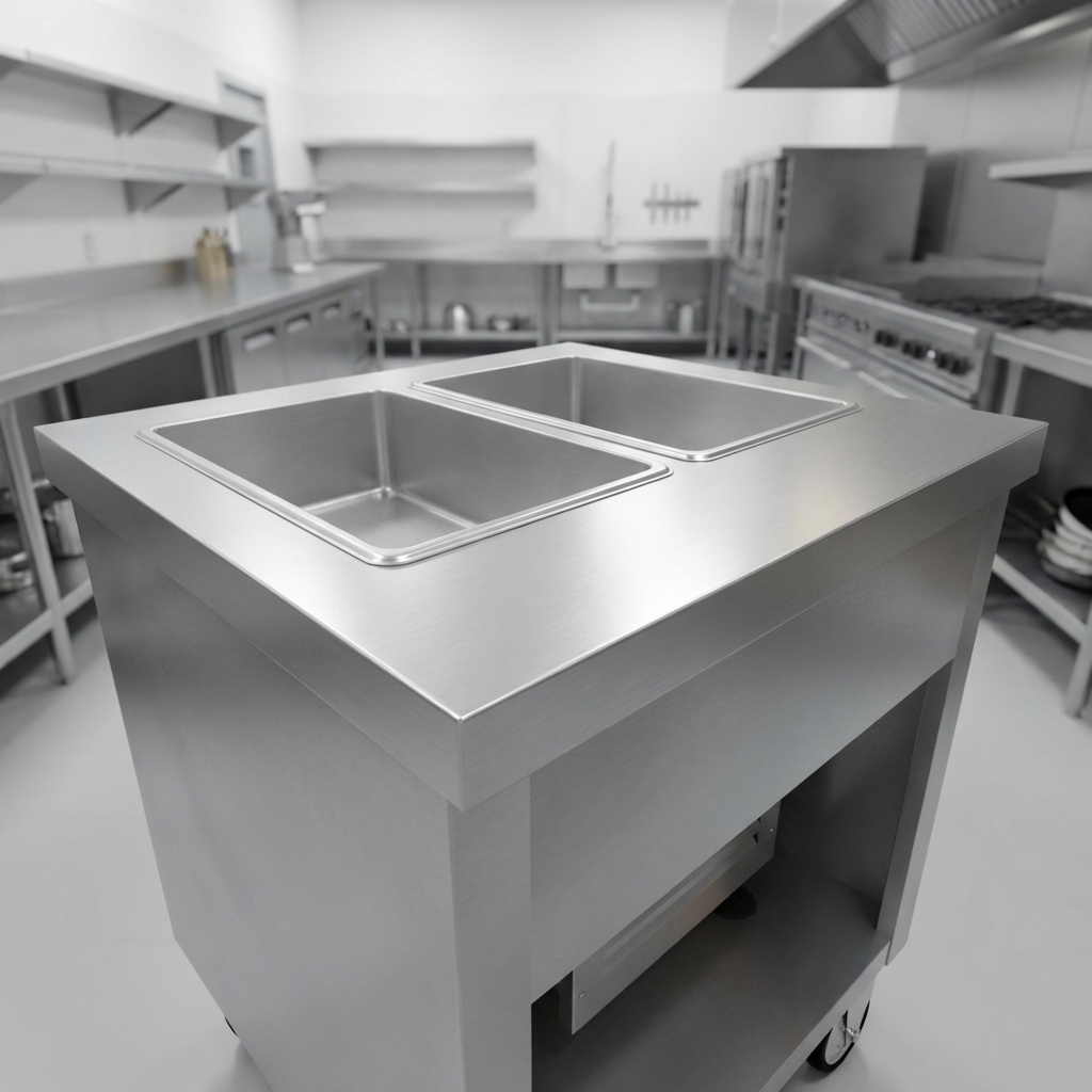 Experience the durability and hygiene of the cold pan unit's 16 gauge 300 series stainless steel top, engineered for seamless performance in any commercial setting.