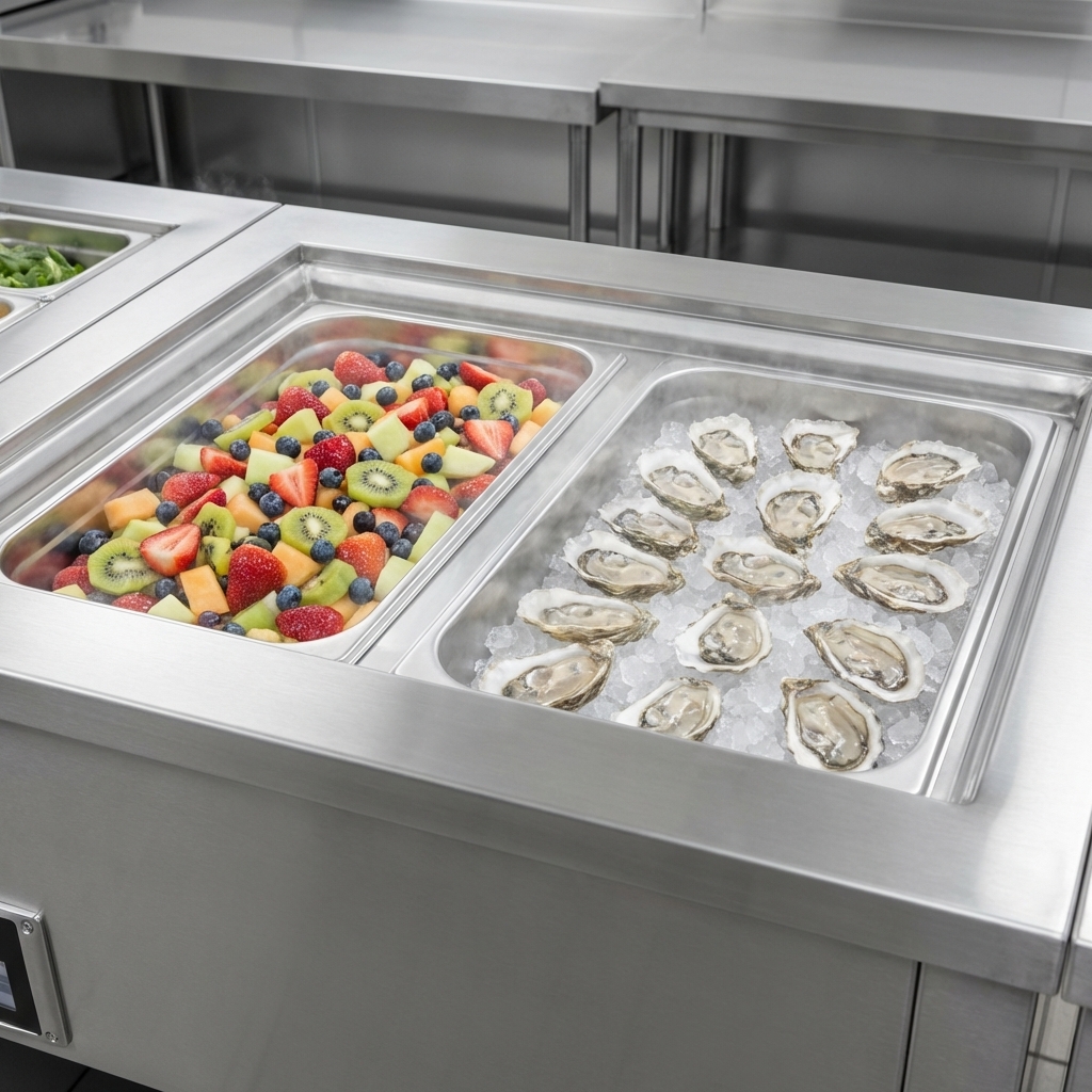 Showcasing superior durability and hygiene, the 300 series stainless steel cold pan liner efficiently holds food pans up to 6 inches deep.
