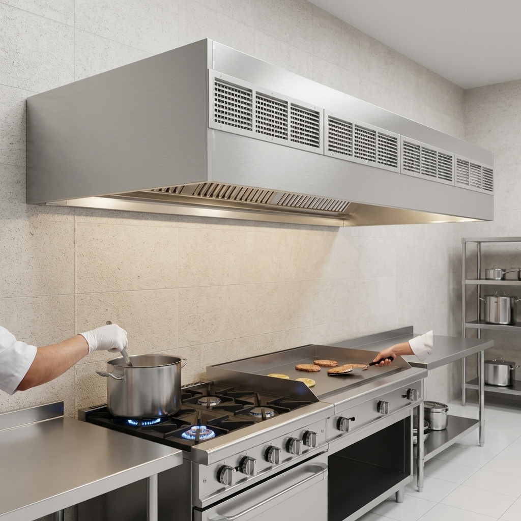 This advanced make-up air exhaust hood provides balanced kitchen ventilation by supplying fresh air directly from its front discharge at ceiling level.