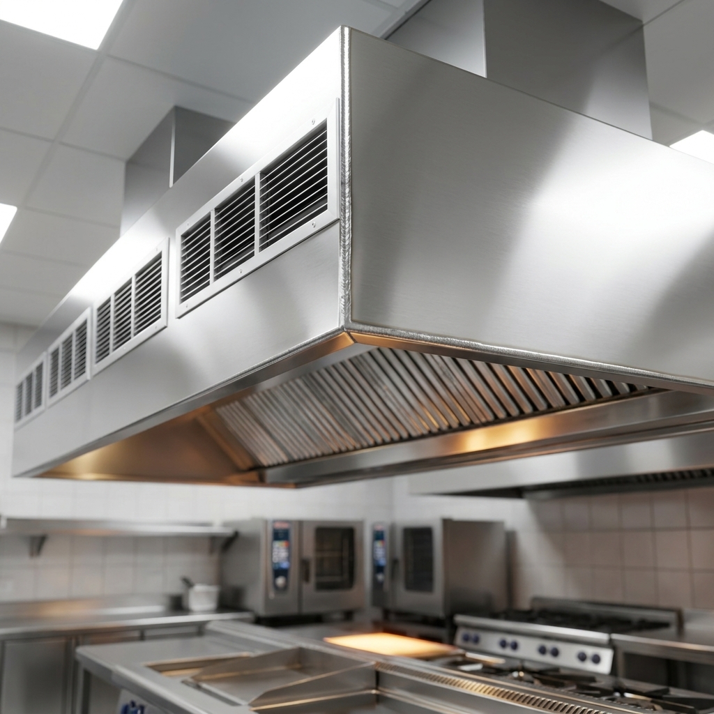 This image highlights the exhaust hood's continuously welded, liquid-tight seams, designed for superior hygiene and grease containment.