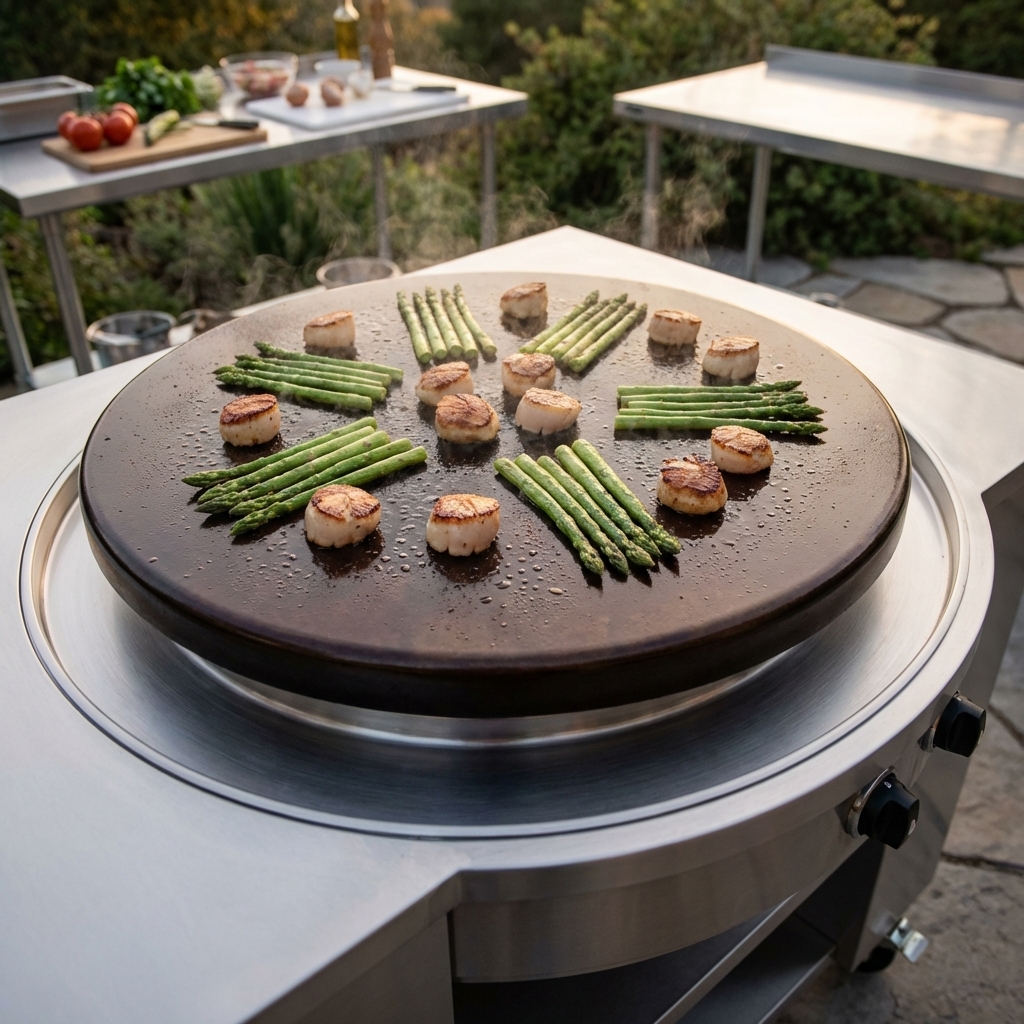 Showcasing the expansive 30-inch black seasoned steel plancha, designed for exceptional heat retention and a naturally non-stick cooking experience.