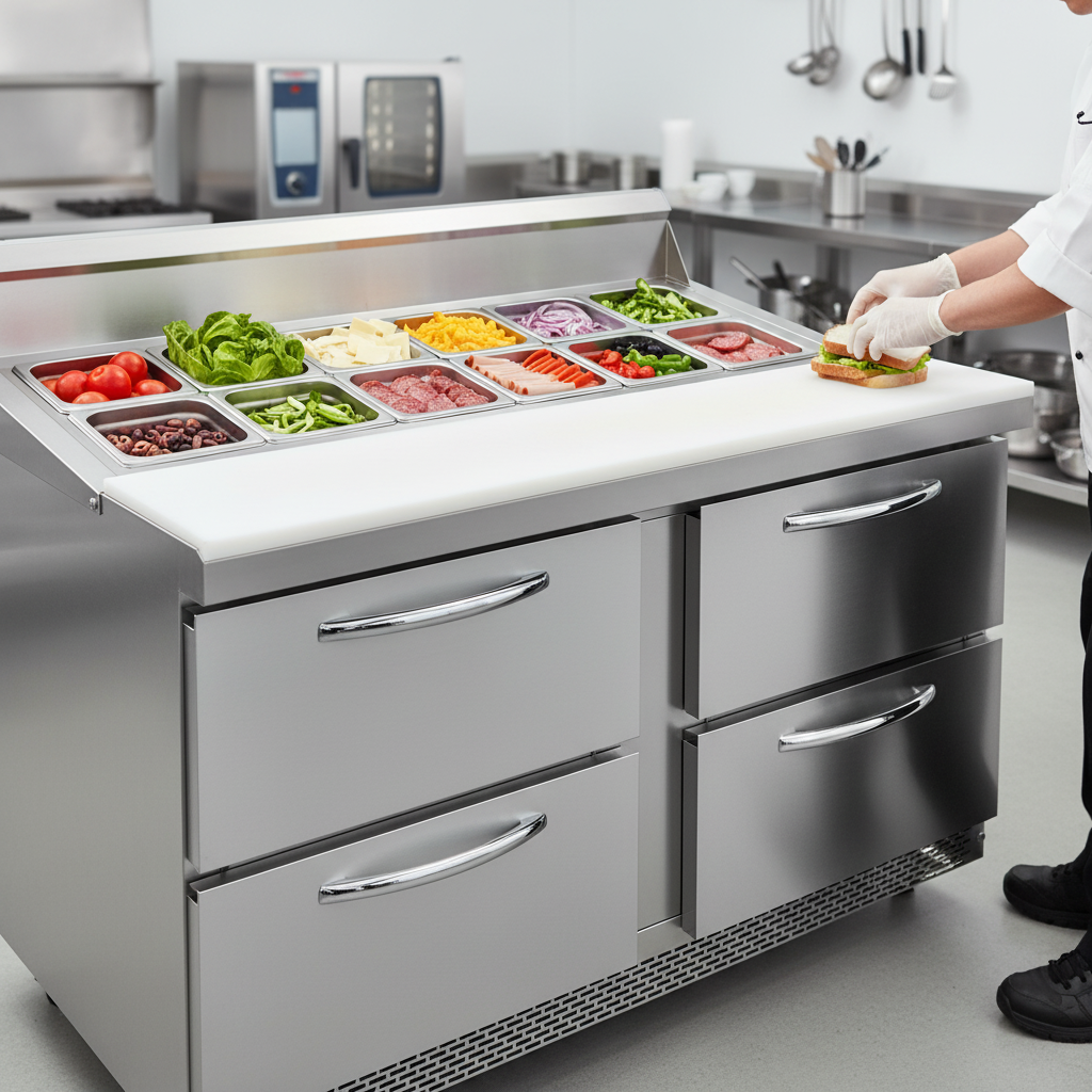Experience peak efficiency with the Mighty Top design, showcasing 12 ingredient pans and a generous cutting board for seamless sandwich and salad preparation.