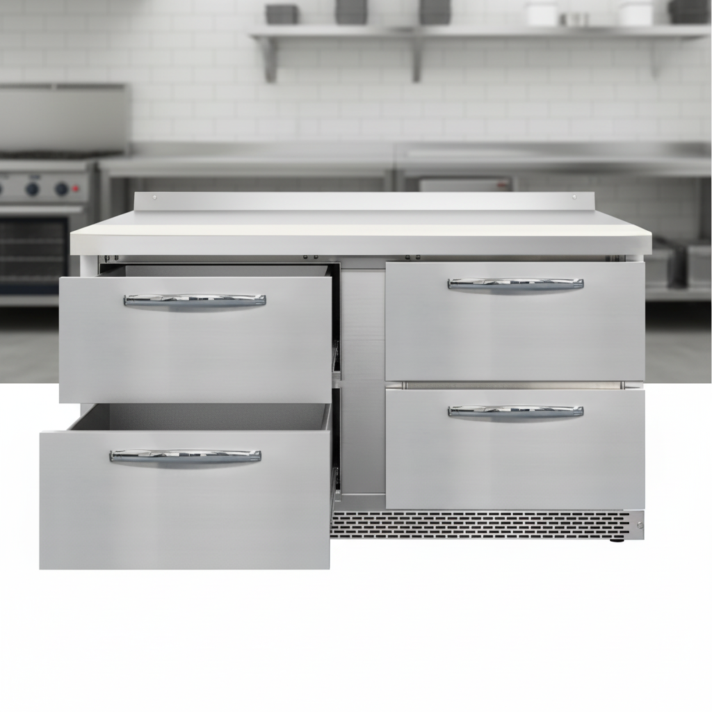 Effortlessly organize and access your ingredients with the four spacious, refrigerated storage drawers built into this versatile prep table.