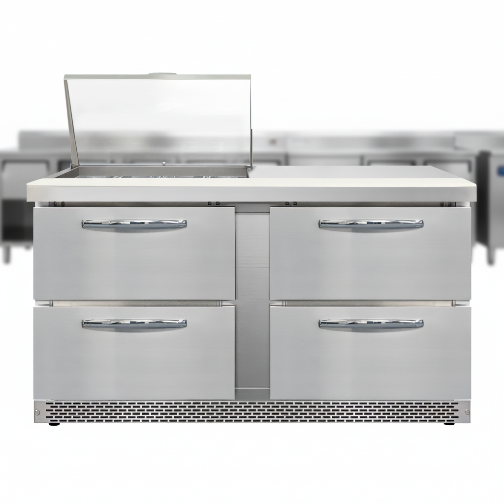 Experience superior durability and effortless hygiene with the prep table's high-quality stainless steel construction.