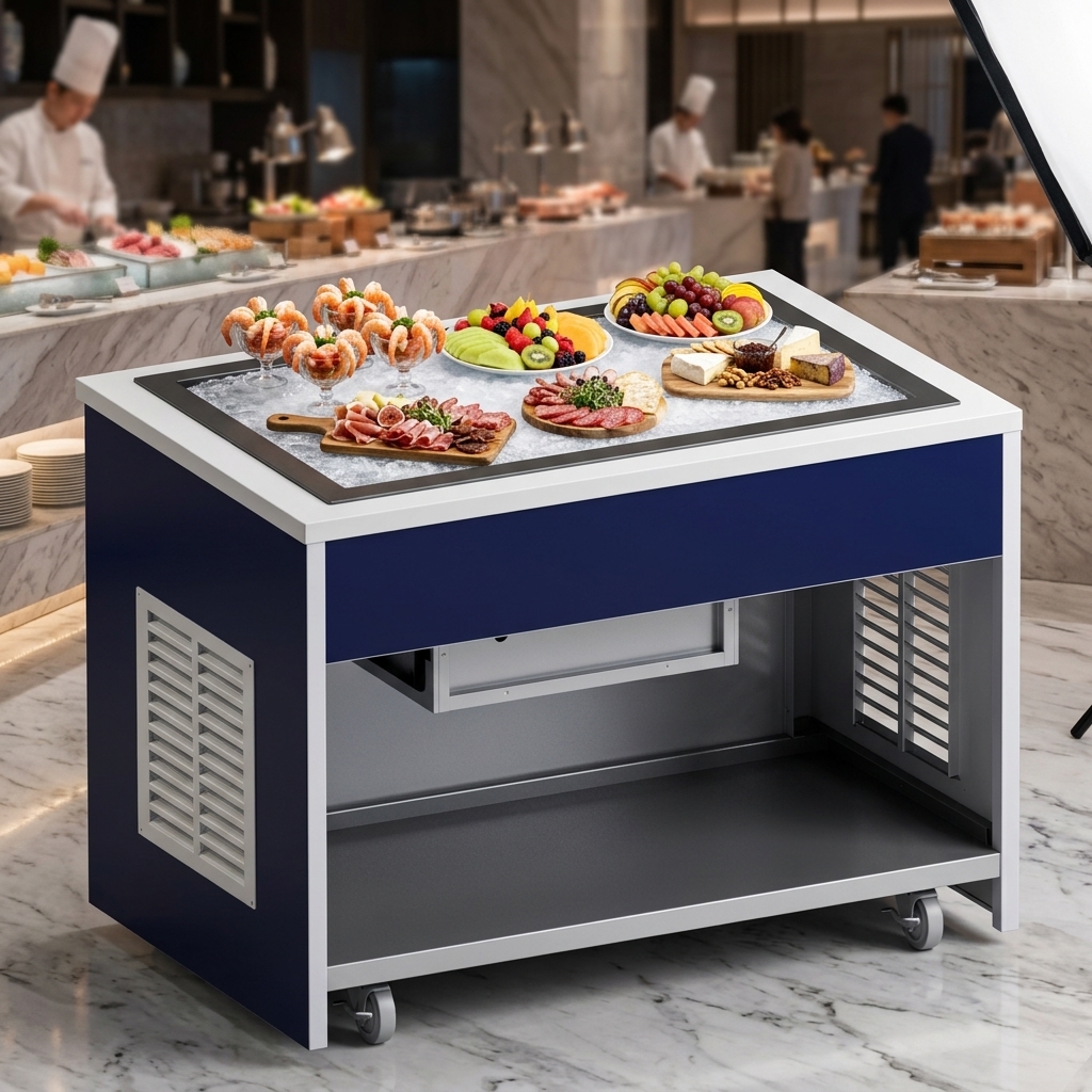 Showcasing a mobile refrigeration frost top unit, this image highlights its generous frost plate, perfect for chilling and displaying a wide array of food items.