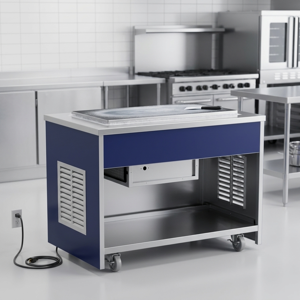 This image highlights the mobile frost top unit's self-contained refrigeration, ready for immediate use without external lines.